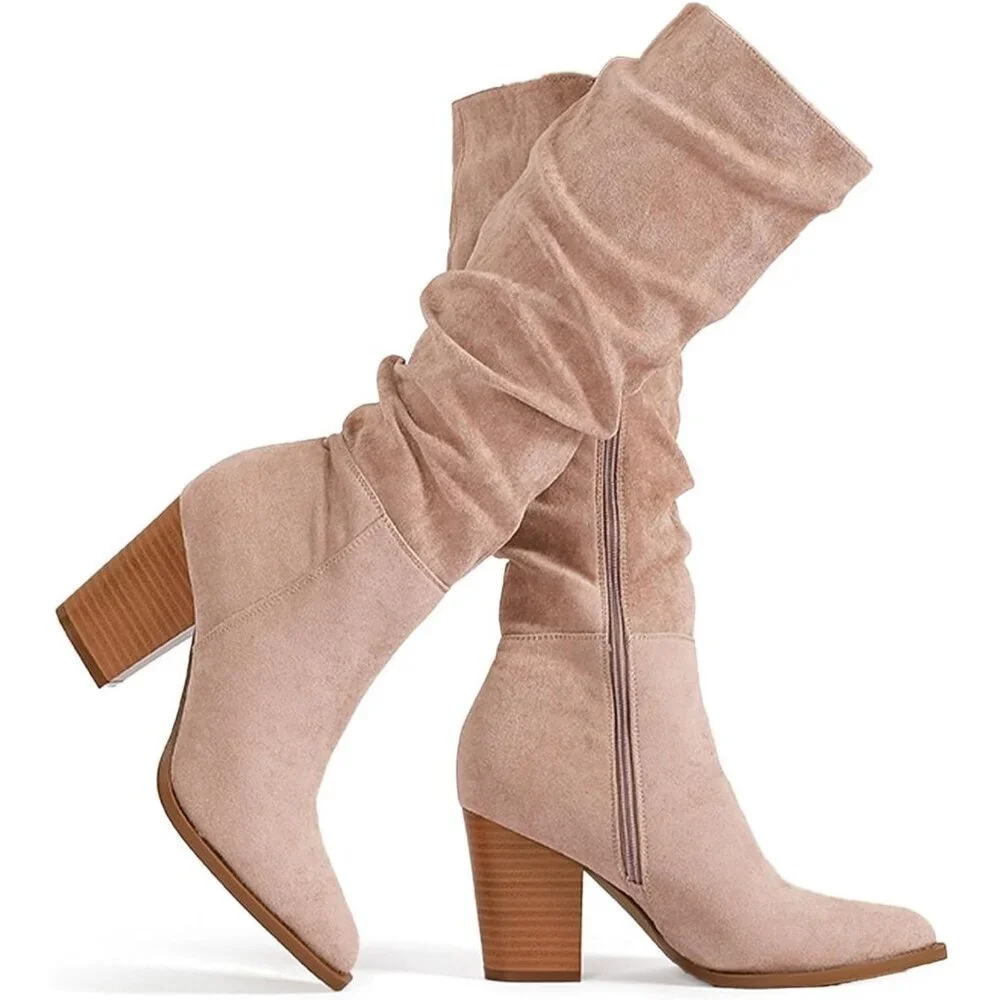 Women's Rosy Brown Pointed Toe Faux Suede Slouch Chunky Heel Knee High Boots